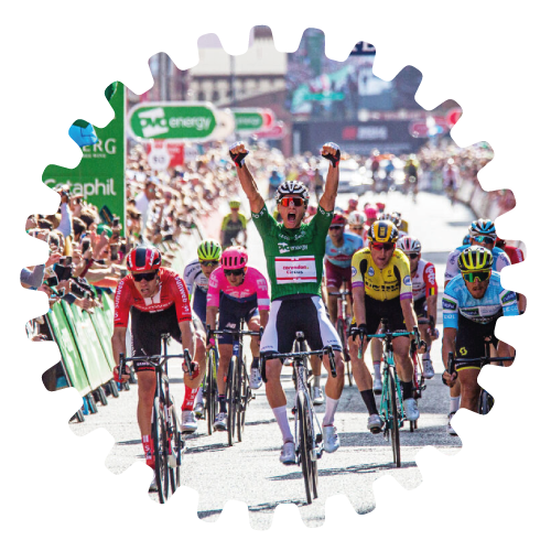 Group of cyclists at the finish line of a road cycling event
